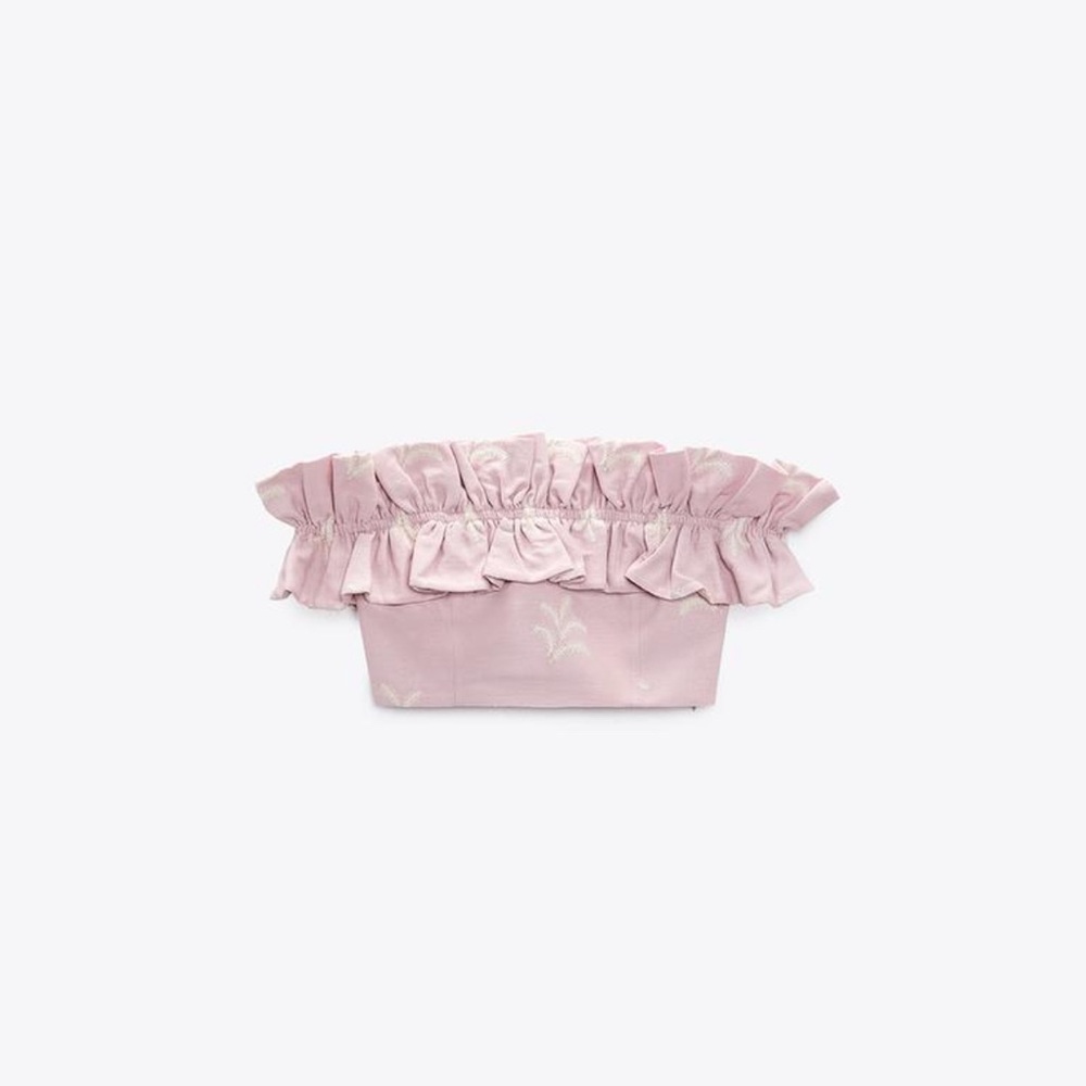 Embroidered Pink Ruffled Off-Shoulder Linen Top
